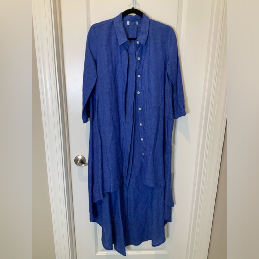 Hi low 100% linen dress, royal blue made in Italy. Sartorial Saracen’s